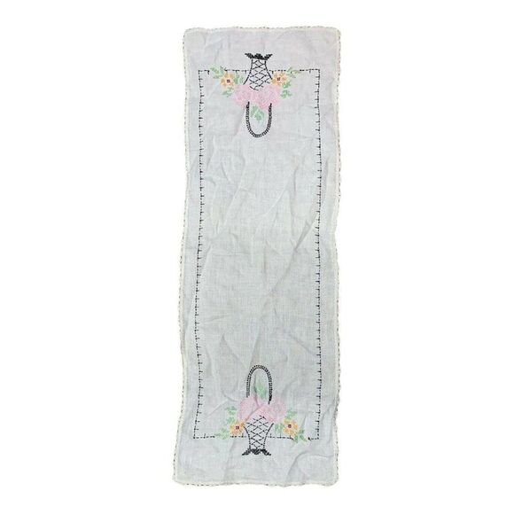 VTG Embroidered Table Runner Centerpiece Off-White Spring Basket Vase Flower 33" - Picture 2 of 3